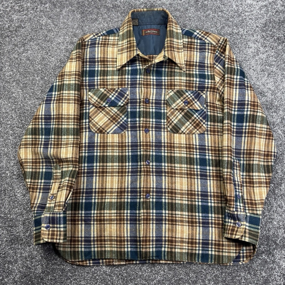 Vintage 70s Arrow Loop Collar Flannel Shirt Mens Large Wool Shadow Plaid